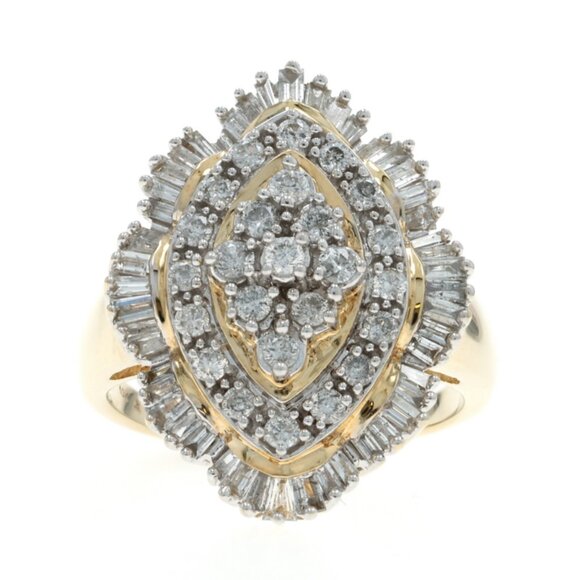 Yellow Gold Diamond Cluster Cocktail Ring 10k Baguette Round 1.50ctw - Picture 1 of 6